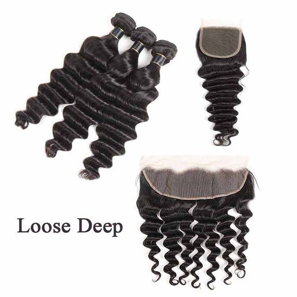 

9а бразильская рыхлые глубокие связки волос с фронтальной связкой человек ткет волос с 13x4 кружево фронтального закрытие бразильских виргин, Black