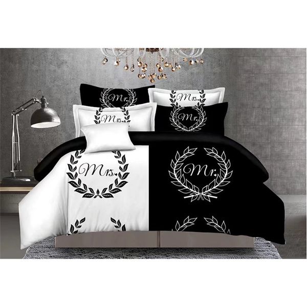 

mr mrs bedding sets couple lover wedding 3pcs bed linen black and white duvet covers double  home textiles decor