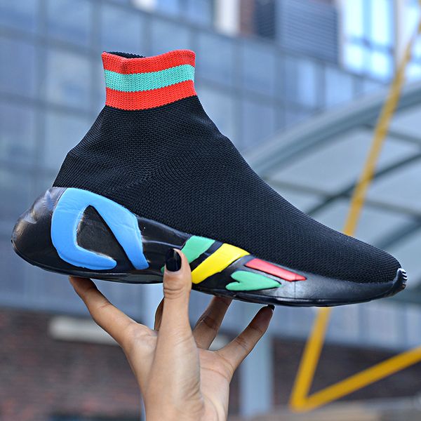 

2020 new knitting sneakers women new breathable flat shoes thick platform old dad shoes woman walking socks boots, Black