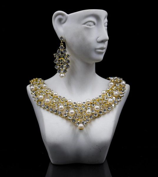 

bride pearl glass rhinestone gold necklace earrings set with copper alloy, Silver