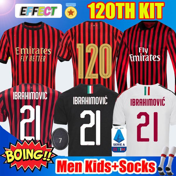 

19 20 ibrahimovic ac soccer milan jersey 120 years piatek suso 2020 football shirt mens kids kit sets uniform paqueta long sleeve jerseys, Black;yellow