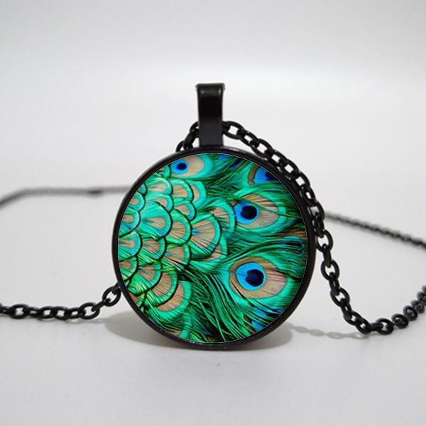 

peacock pendant handmade peacock necklace retro round green jewelry art print jewelry, Silver