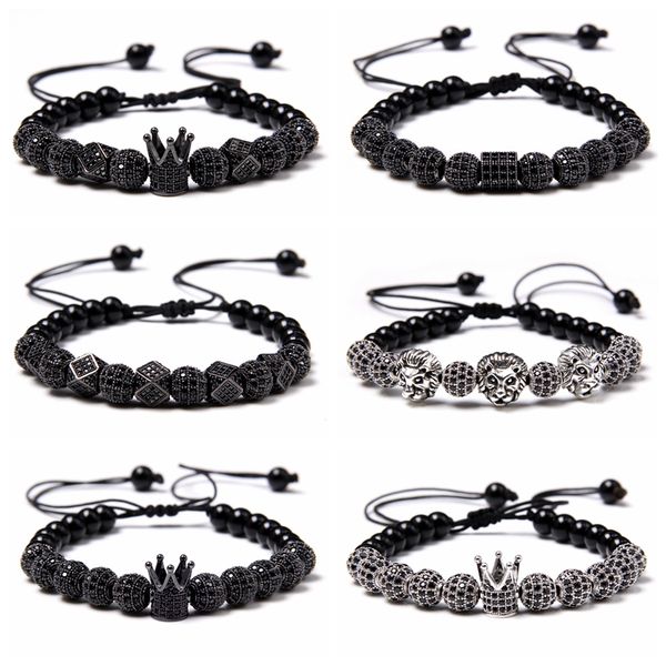 

charm bracelets trendy crown lion cz zircon pave weaving bracelet homme men women black metal beads rope jewelry high quality, Golden;silver