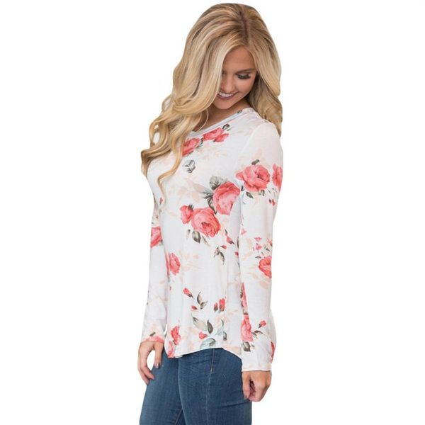 

designer of women flowers perfect leisure tourism shwomen fashion floral print shirt long sleeve o-neck autumn shirt blouse, White