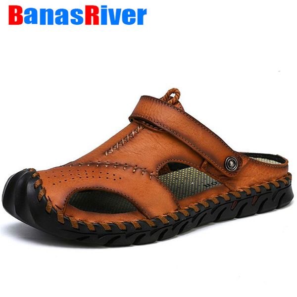 

casual men soft sandals comfortable summer leather slippers roman summer outdoor beach shoes zapatillas hombre big size 38-46, Black