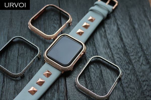 

urvoi glitter rhinestone case for apple watch series 4 3 2 1 cover metal bumper protector frame for iwatch case band luxury, Black