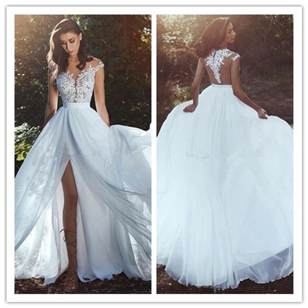 

gorgeous beach wedding dresses sheer neck cap sleeves appliques lace chiffon side split illusion back boho wedding gowns bridal dresses, White