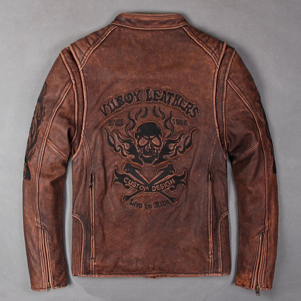 

men's skulls vintage cow leather motorcycle jacket stand collar genuine leather biker jacket men slim fit brown leather coat men, Black
