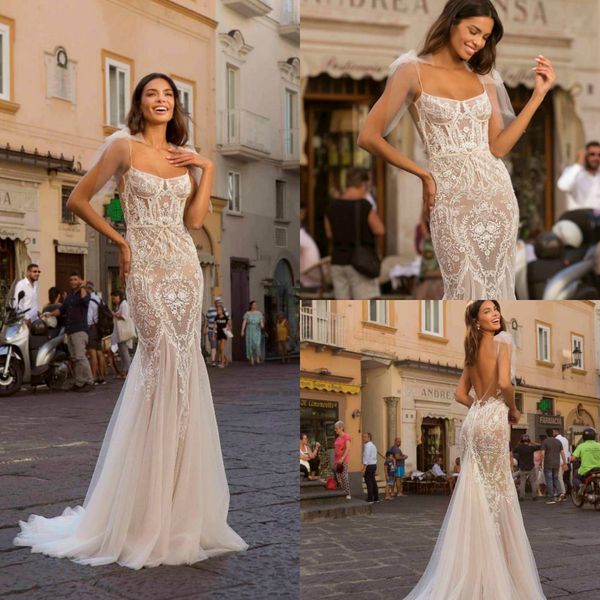 

2020 berta mermaid wedding dresses lace appliques spaghetti backless wedding dress bridal gowns sweep train robes de mariÃ©e, White