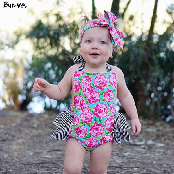 

bunvel newborn baby girls boys halter bandage flower printed patchwork swimsuit one piece swimming suit for baby girl clothes f