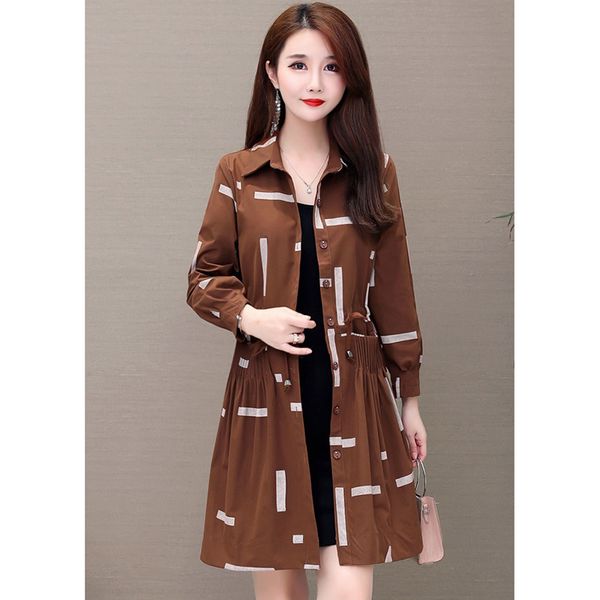 

women's trench coat spring autumnthin coat long single-breasted drawstring printing casual outerwear plus size 5xl 2020, Tan;black