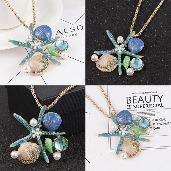 

bohemia pendant necklace simulated white pearl blue long de starfish enamel collares shell for women conch necklace moda cr r5m8, Silver