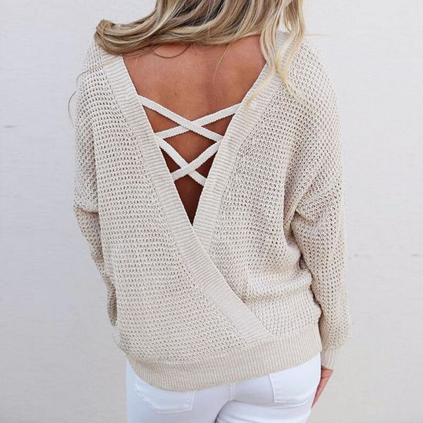 

womens knit sweater pullovers female v-neck knitted lace up sweater bandage cross loose long sleeve knitwear femme ws2199v, White;black