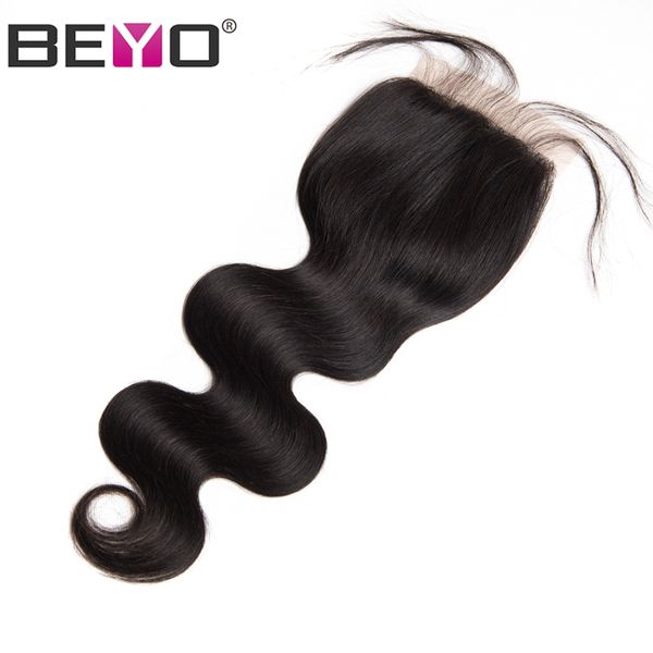 

beyo малазийский объемная волна кружева закрытие с ребенком волос человеческих волос закрытие 4x4 free / средний / три части волос remy бесп, Black