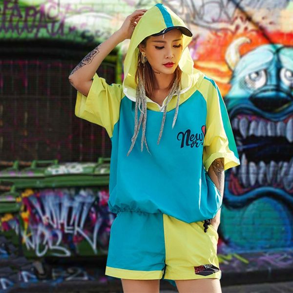 

hip hop dance costume women contrast hooded shorts cheerleading jazz clothes stage dancing outfits street dancewear dt906, Black;red