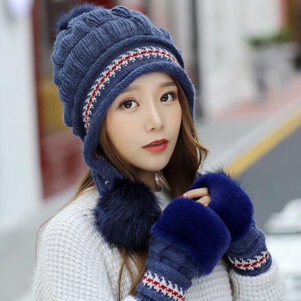 

girl knitted hat glove sets women winter 2 pieces/set pink female gorros christmas gift beanie hair ball white hat gloves set, Blue;gray