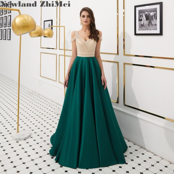 Acheter Robe De Bal Vert Foncé Perles Meilleure Vente Une Ligne Col En V Longue Satin Femme Robe De Soirée Robe De Bal De 18091 Du Luckybridal