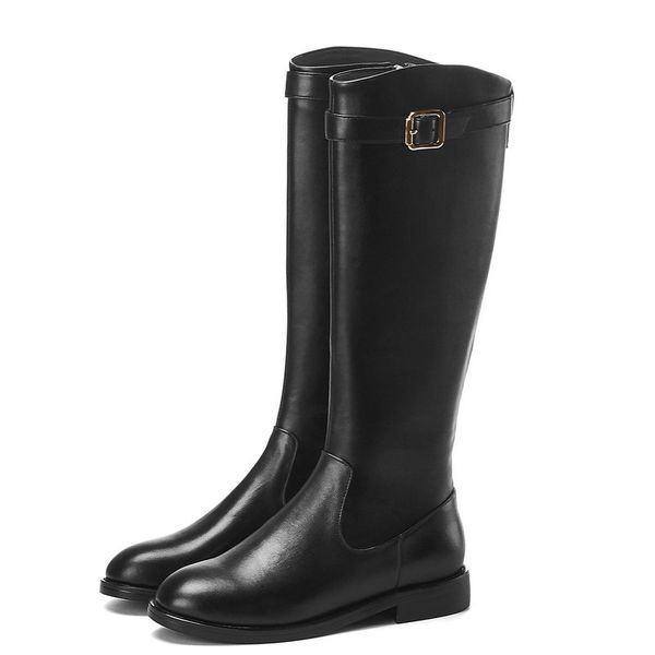 

women leather boots flat heel knee high boots fashion zipper buckle motorcycle round toe autumn winter ladies shoes 2019, Black