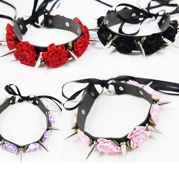 

women harajuku handmade leaather choker necklace lolita stud rivet punk torques goth multi-color flower lace collar belt, Silver