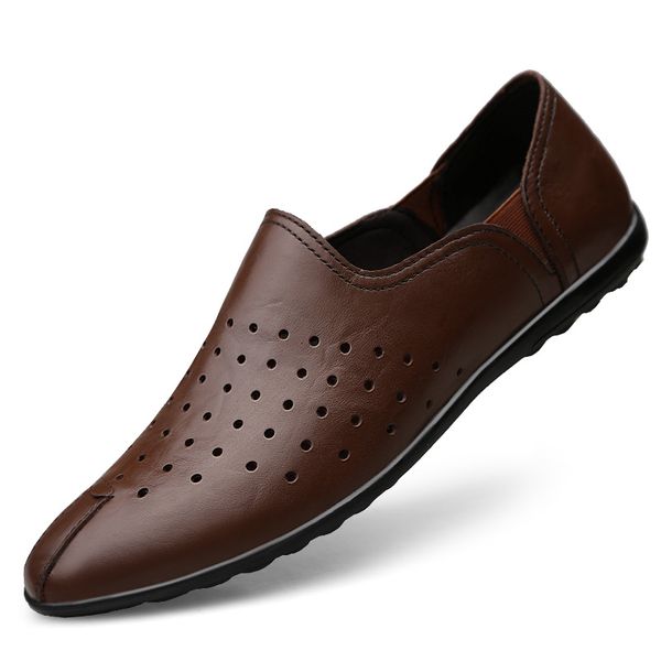 

summer hollow men loafers leather moccasins flats casual non-slip breathable driving shoes man lightweight shoes new, Black