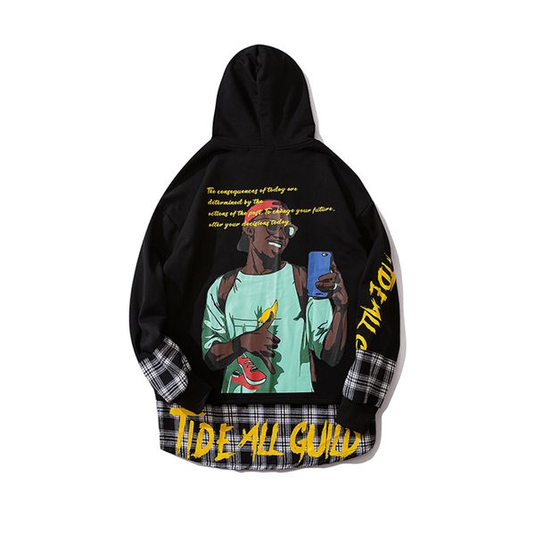 

high street character plaid shirt hooded hoodies men new hip hop stitching lattice fake two piece sweatshirt male loose hoodie, Black