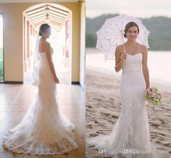 

modest bohemian beach mermaid wedding dresses sweetheart lace applique sweep train boho wedding dress bridal gowns, White