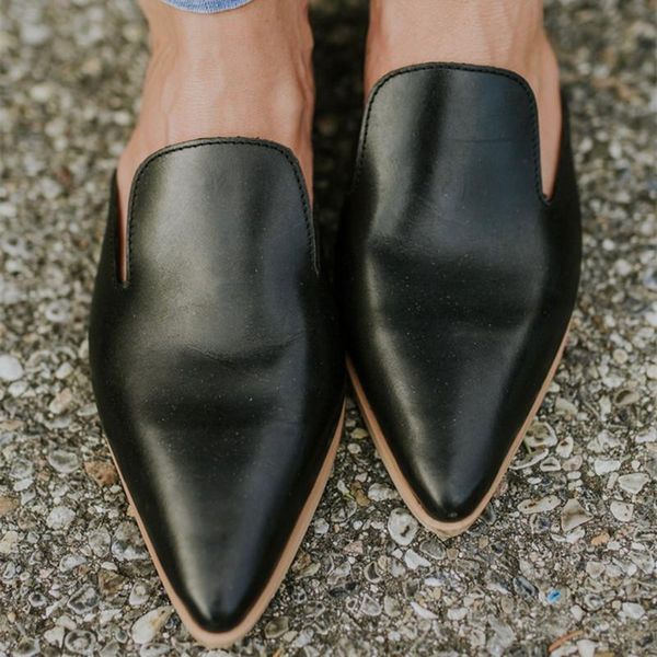 

litthing summer flats mules lady slippers slip on pointed toe women mules outdoor pu leather slipper shoes woman slides, Black