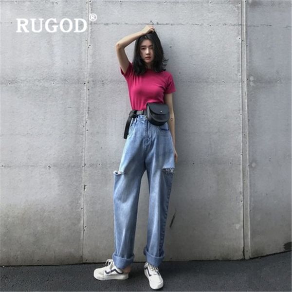 

rugod новая весна лето тонкий женщина джинсы брюки высокая талия отверстие широкие брюки мода повседневная женская джинсовая плюс размер, Blue