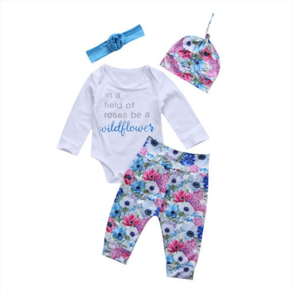 

4pcs newborn infant lovely baby girls jumpsuit floral romper floral long pants outfits set, Pink;blue
