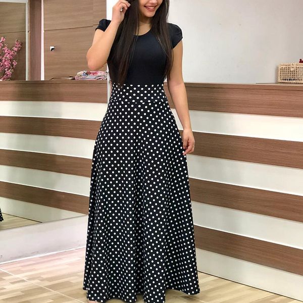 

2018 new arrival women fashion summer black elecasual party dress short sleeve polka dots print patchwork maxi dress, White;black