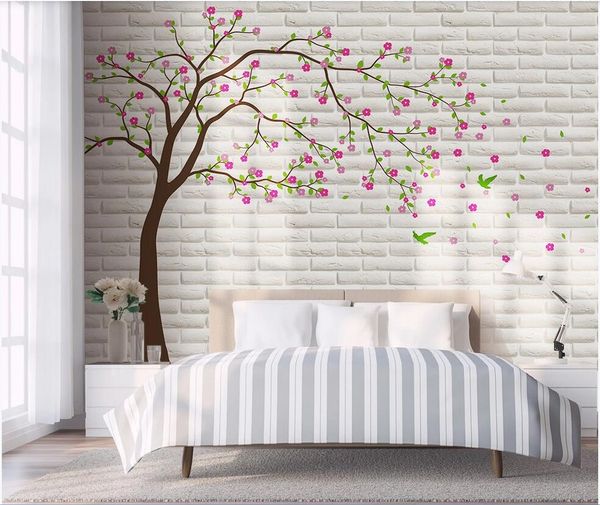 

wdbh 3d wallpaper custom p modern minimalist pink flowers big tree brick wall children bedroom background home decor decoration painting