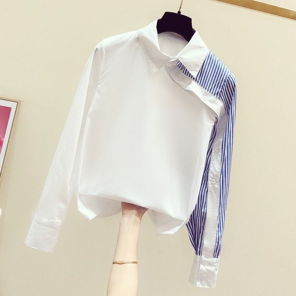 

korean style 2020 spring new irregular striped panel collared long sleeve shirt women's leisure white blouse blue strip shirt