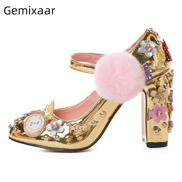 

2020 new spring rivet clock mary janes metal decoration chunky heel flower pompoms mirror patent leather high heel shoes woman, Black