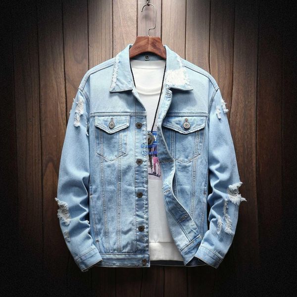 

new new men denim jacket coat coat cowboy black hole enlarge trend male season jacket youth large code length sleeve, Black;brown
