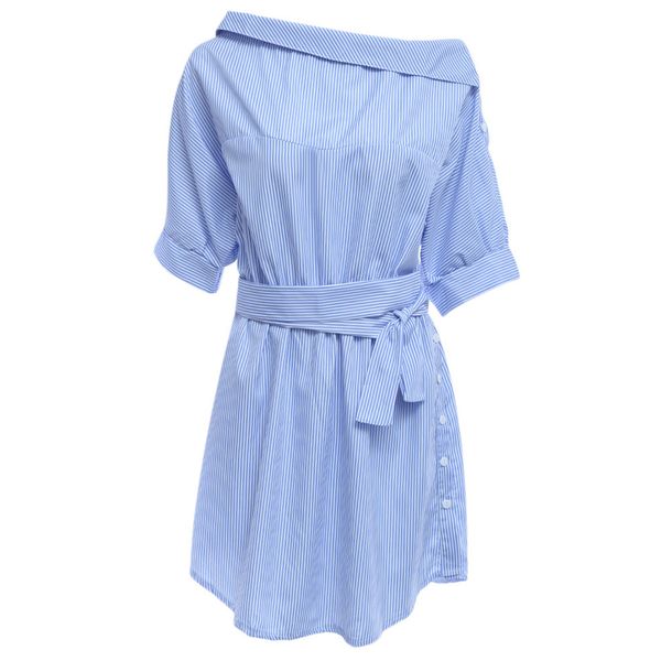 

women dress half sleeve striped oblique collar dress summer twist shoulder shirt, Black;gray