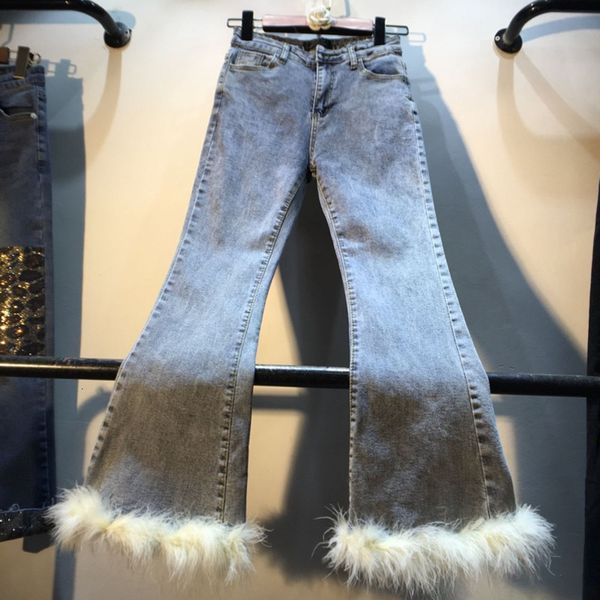 

lanmrem 2019 autumn and winter new trousers stitching real fur high waist wide leg horn jeans women 19b-a472, Blue