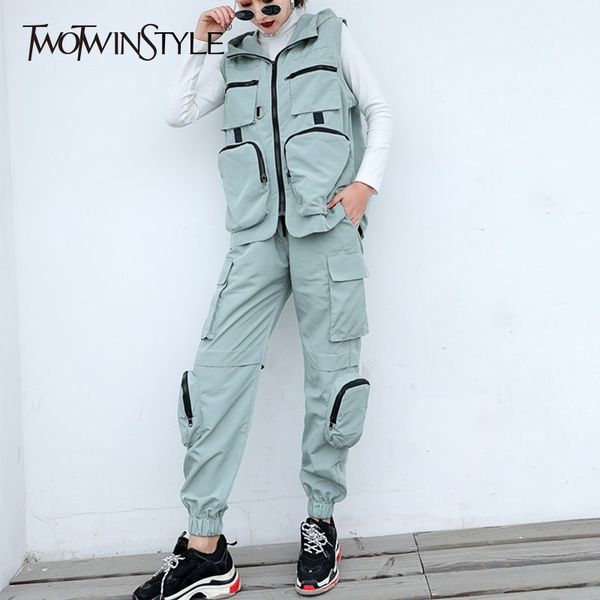 

twotwinstyle 2019 spring two piece set hooded long sleeve loose zipper jackets female elastic lace up waist pants fashion tide, White