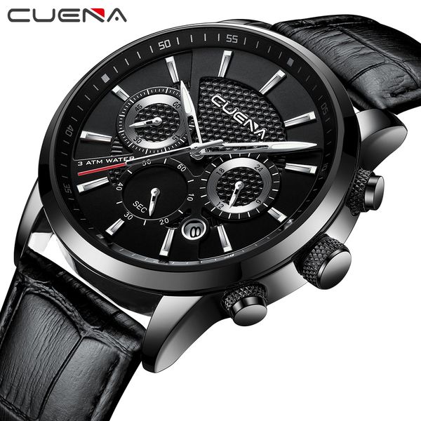 

cuena quartz watch men luxury satch date luminous hands genuine leather strap 30m waterproof black fashion men's wrist watch, Slivery;brown