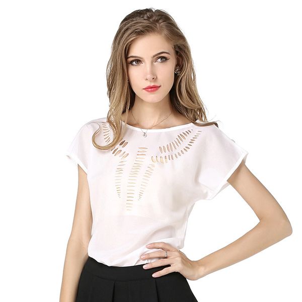 

женская дизайнерская рубашка с одной пуговицей распределение резной полый короткий рукав базовая шифоновая рубашка женское лето, White