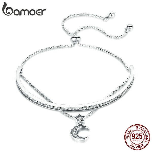 

bamoer 925 sterling silver double layers moon clear cz bangles bracelets for women sterling silver jewelry scb109, Golden;silver