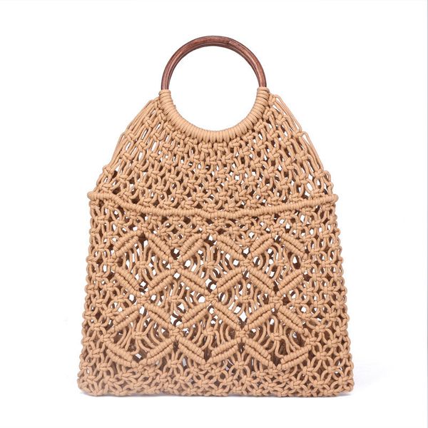 

popula cotton rope hollow straw bag sheer macrame tote wooden ring rattan handle net bag vintage chic handbag