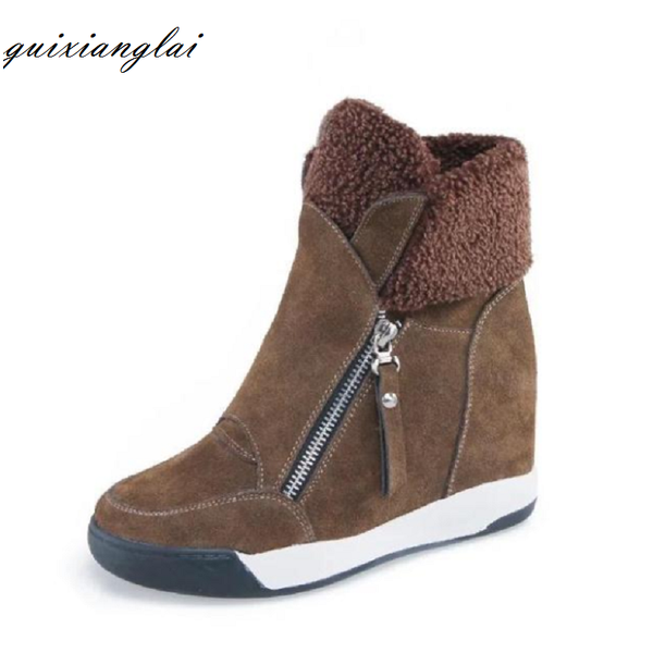 

2020 fashion women casual shoes winter platform wedge ankle boots height increasing flock sneakers warm fur zipper snow boots, Black