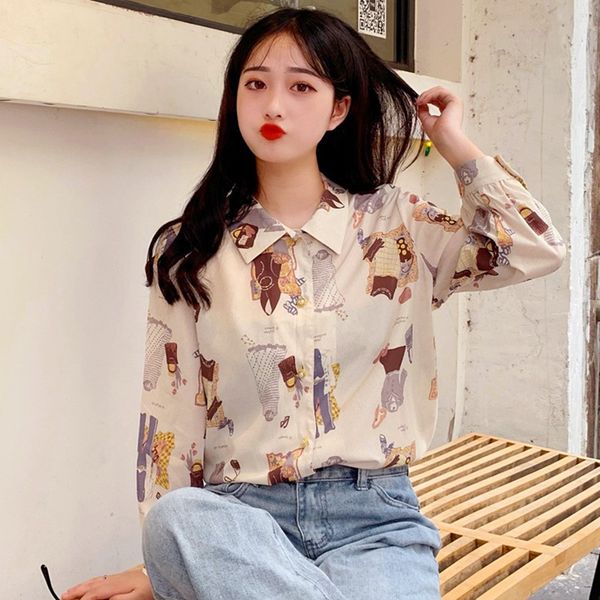 

preppy style graffiti print shirt fashion long sleeve slim autumn and blouses women's sweet fall clothes, White