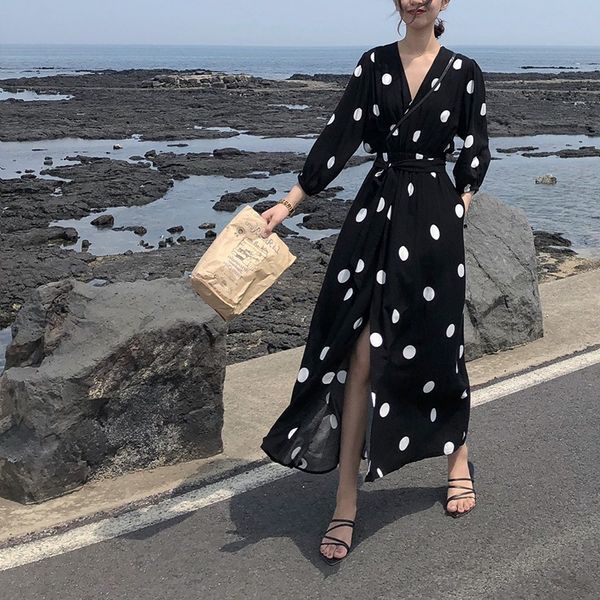 

french elegant da bo dian 2019 summer dress women's summer v-neck elegant slimming girl's long skirts belt included, White;black