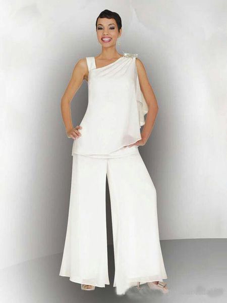 

Modest Two Pieces Ruched Mother of the Bride Pants Suit 2019 Newest Simple One-Shoulder Long Chiffon Wedding Party Gowns Custom Made