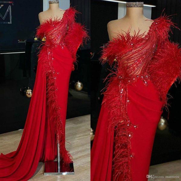 

2020 gorgeous red mermaid prom dress one shoulder feather beading side split formal evening gowns robe de soiree, Black