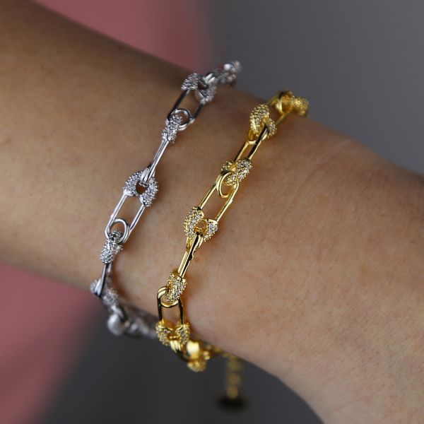

gold silver 2 color 5a sparking bling cz safety pin link chain bracelet for women 15+4cm extended, Golden;silver