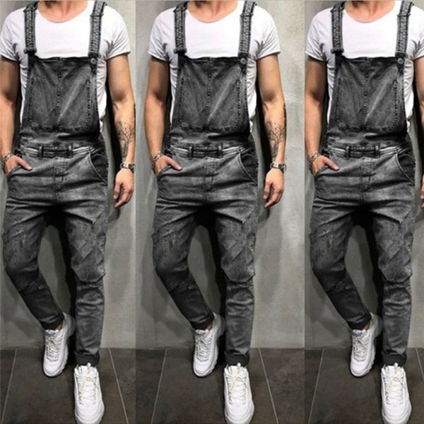 

2020 personality men denim bib pants full length jeans jumpsuit suspender overalls dungarees men unbreakable bib trousers, Blue