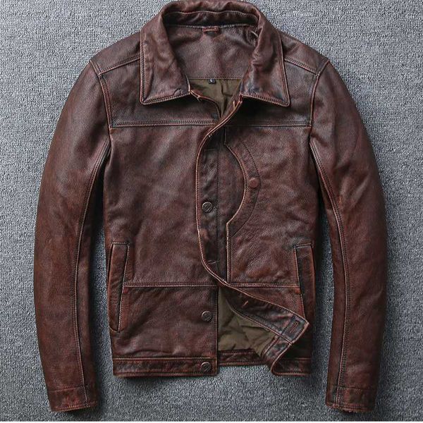 

zvaqs new brown vintage cow leather jackets men vintage water washing casual slim single breasted leather coats pph909, Black