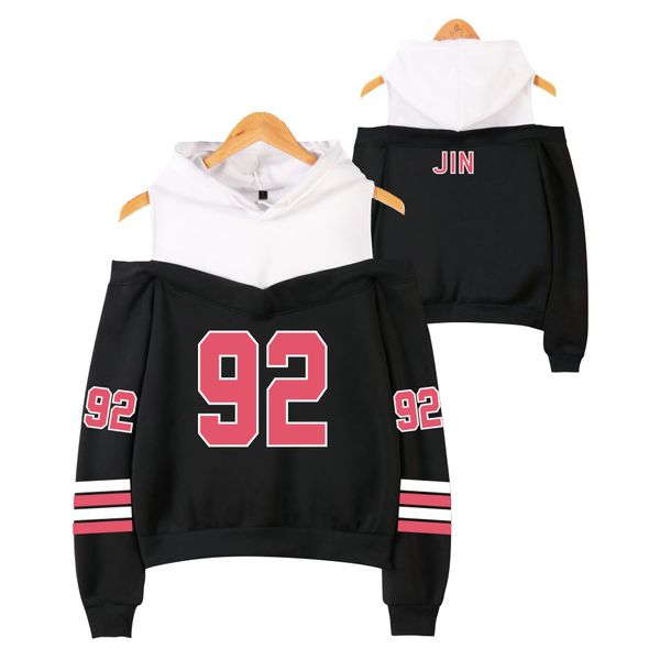 

bts dna 92 jin hoodies sweatshirts women long sleeve off-shoulder sweet style clothes stapless hoodies, Black